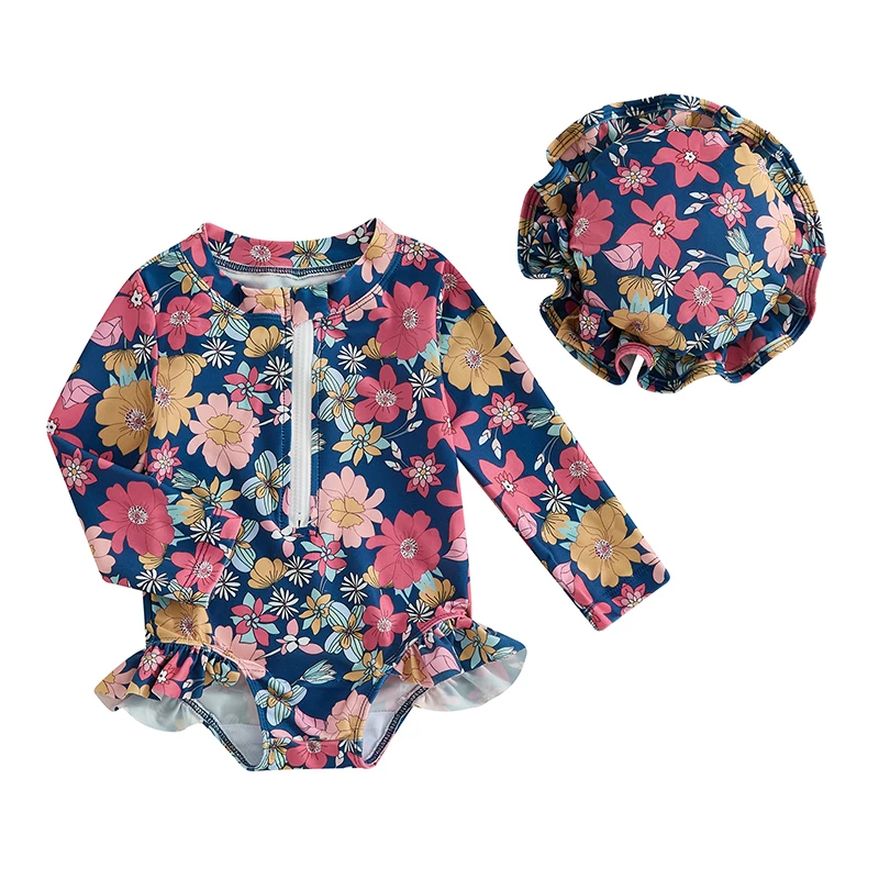 

PENNSOY Toddler Little Girls Summer Swimwear Long Sleeve Beachwear Crewneck Zip Up Floral Bathing Suit with Hat Swimsuit