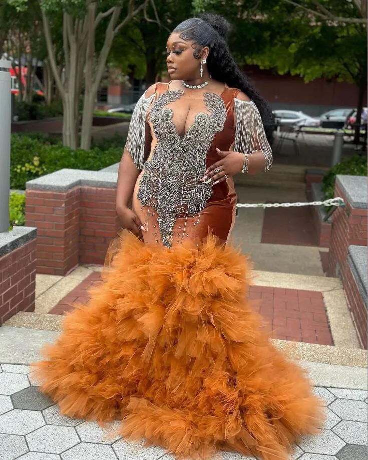 Brown Sparkly Plus Size Prom Ceremony Dresses for Black Girl Luxury Diamond Tassel Ruffles Skirt Evening Birthday Gala Gown 2024