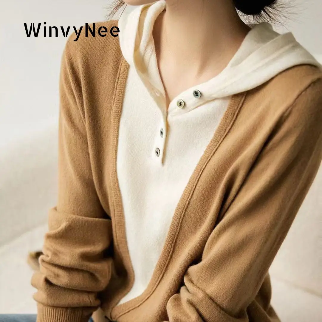 

Женская одежда WinvyNee: Весенний шерстяной худи с эффектом двухслойности, в стиле колор-блок, свободного кроя, в повседневном стиле, базовый вязаный топ ZA1047010