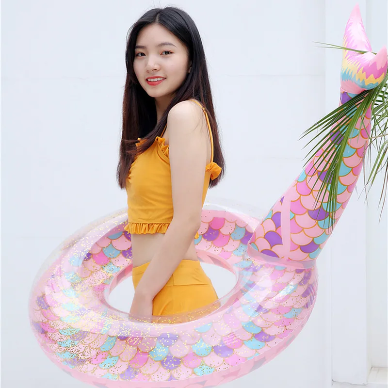 Inflatable Mermaid Pool Floats with Glitters Swimming Ring Tube Raft Pink Floaties for Kids Adult Summer Beach Pool Party