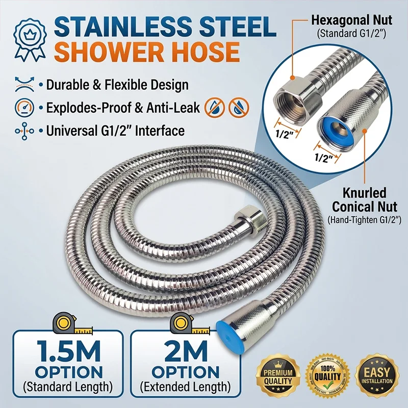 Stainless Steel Shower Hose 1.5m 2m,Flexible Explosion Proof Anti Leak Extension Hose with Universal G1/2 Interface for Bathroom