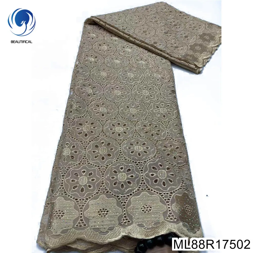 

2025 New Africa 100% Cotton Fabric Beautiful Nigerian Swiss French White Lace Embroidered Party Dress ML88R175