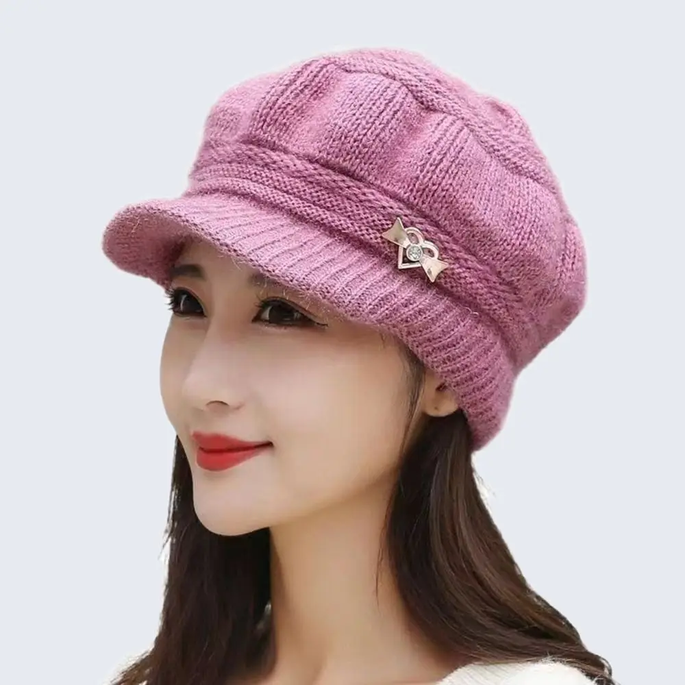 Women's Fashion Knitted Wool Hat Solid Color Windproof Plush Cap Winter Headwear Middle Aged