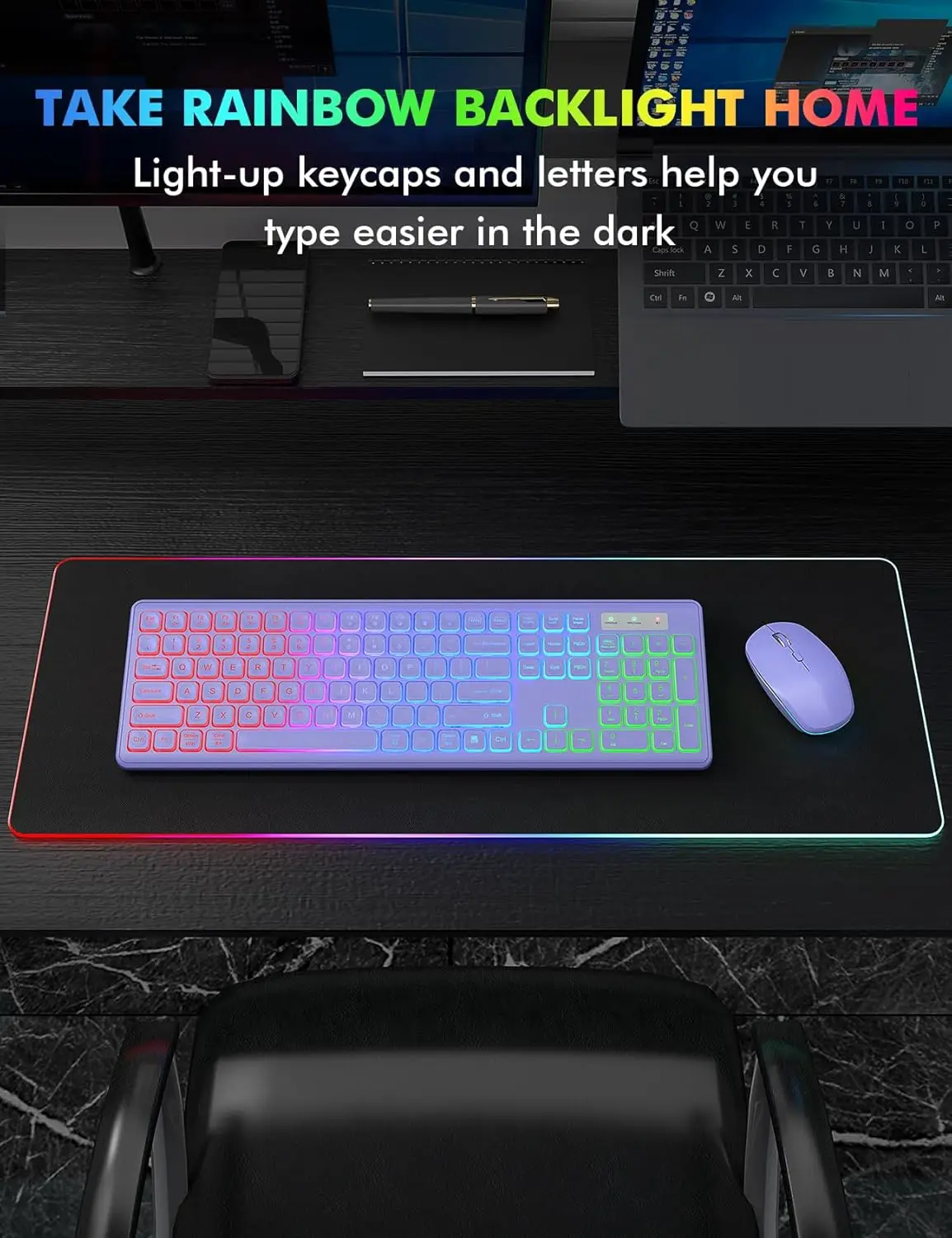 Full-Size Wireless Keyboard and Mouse Combo RGB Backlit Rechargeable Light Up Letters 2.4G Quiet Keyboard Mouse for Mac Windows