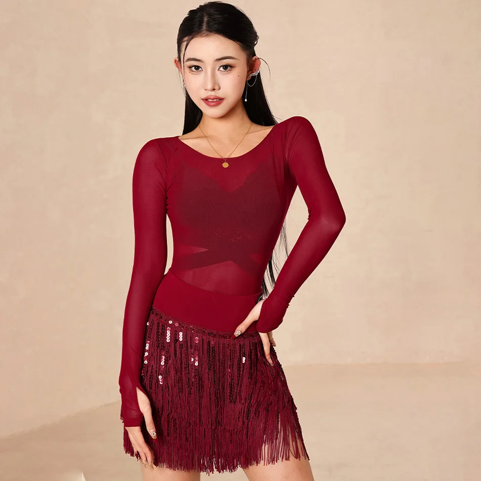 Vestido de baile latino para mujer, Top de malla, faldas con flecos brillantes, conjuntos Cha Samba Rumba, Ropa de baile puesta en escena