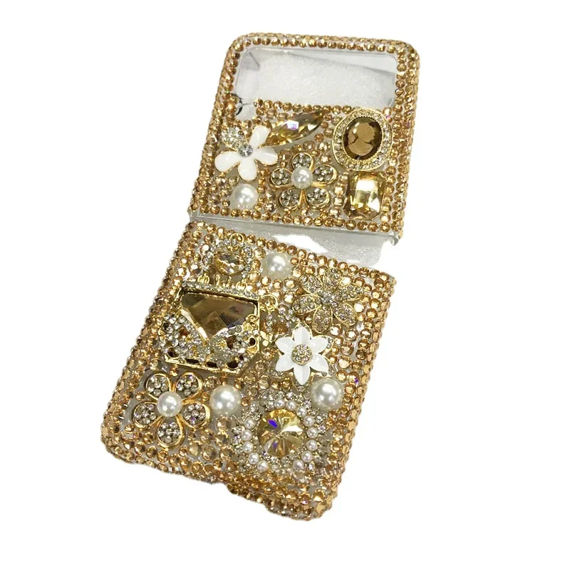 Luxury Rhinestone Phone Case for Samsung Galaxy Z Flip 5 2 4 3, Cute Bear Bottle, Pearl Diamond Flowers, Love Tassels Cover