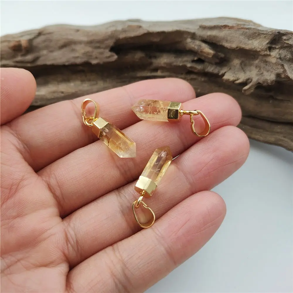 FUWO 1Pcs Natural Citrines Point Pendant,Golden Plated Bullet Shape Spike Crystal Accessories For Jewelry Making PD130