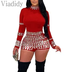 Women Casual Solid Color Long Sleeve Rhinestone Decor Bodycon Skinny Playsuits