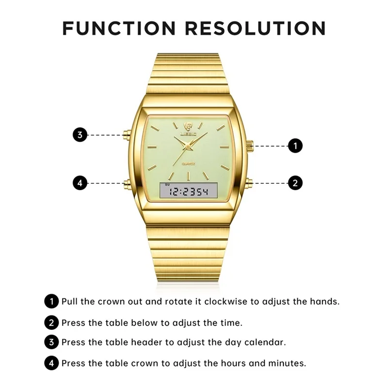 New 2023 Fashion Watch For Men Casual All-Steel Digital Quartz Dual Display Gold Clock Week Time  Male Waterproof relogio mascu