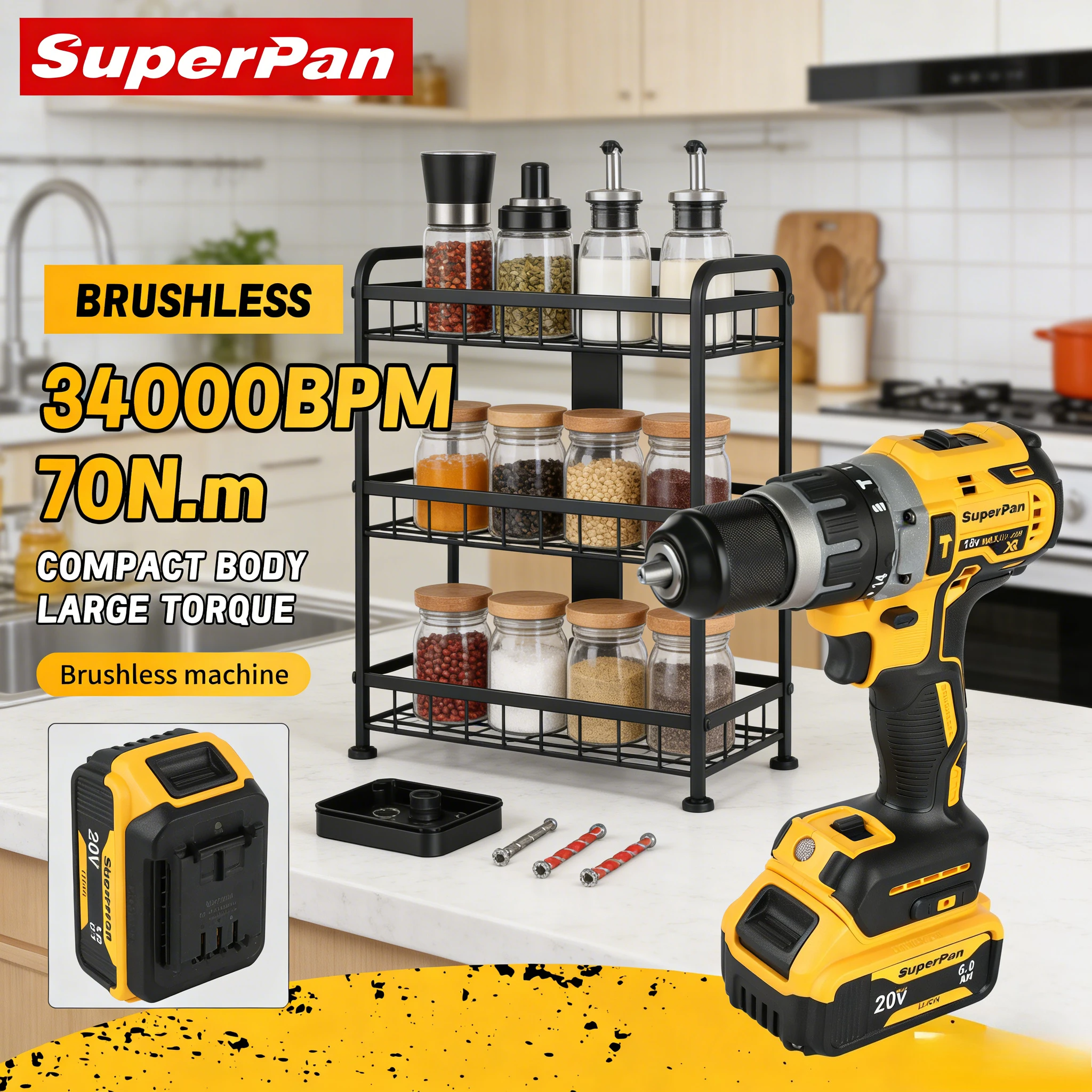 

Бесщеточная ударная дрель SuperPan 70 Н·м, 0-34000 об/мин, быстрая зарядка, для сборки косметических столиков, с противоскользящим основанием, для аккумулятора Dewalt 20В