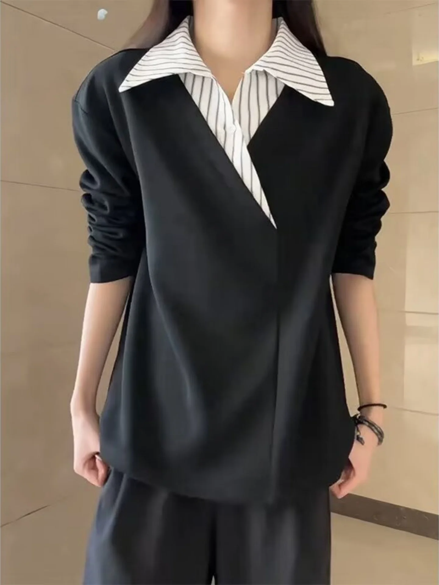 Loose Fit  Sweatshirt Long Sleeve Striped Shirt Collar Splice Design Unisex Comfortable Spring Autumn Casual Top