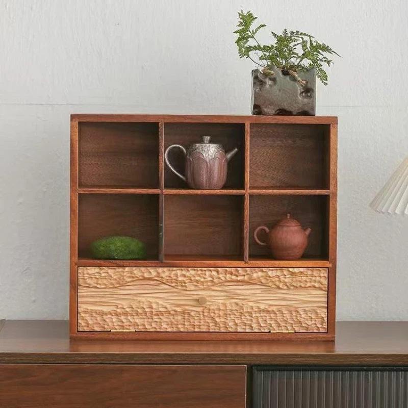 

Walnut solid wood with drawers Duobao Pavilion, household small desktop Bogu rack, teacup tea set rack