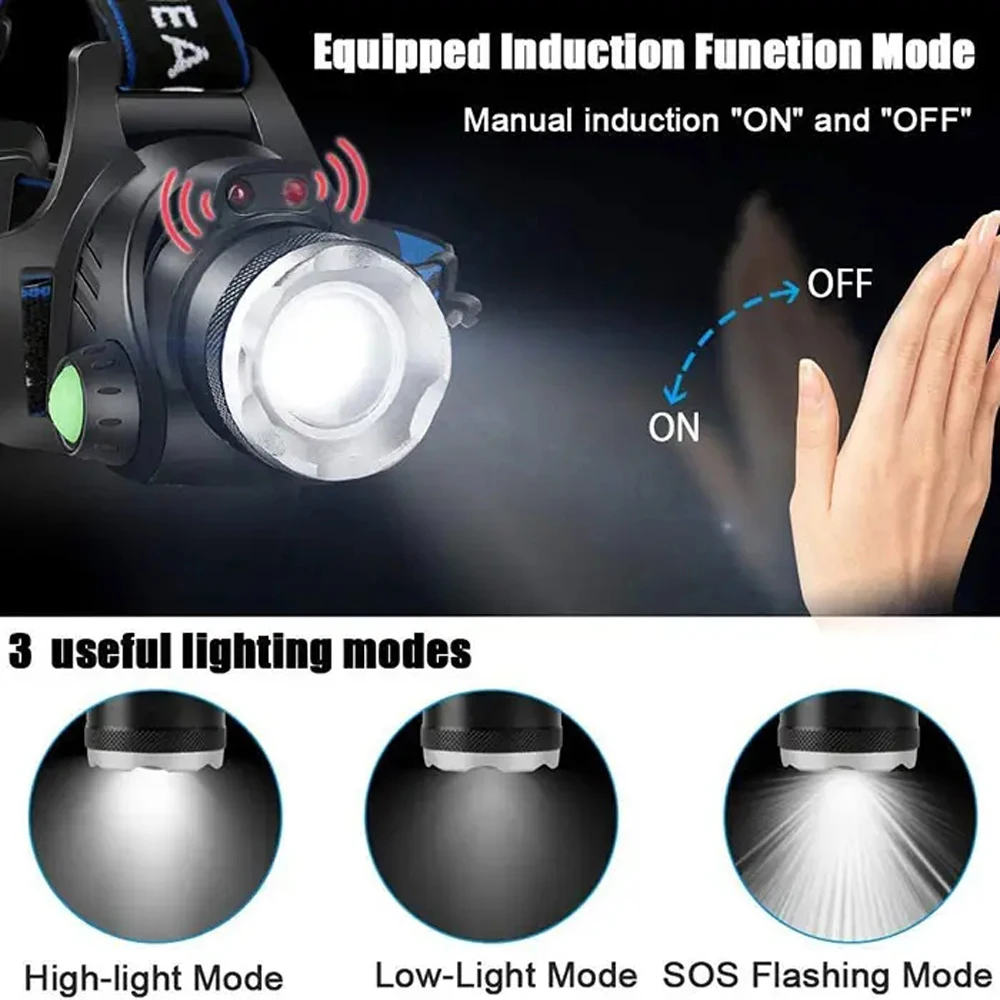 مصباح أمامي 2*18650 USB قابل لإعادة الشحن مستشعر الحركة مصباح يدوي Led فانوس مقاوم للماء مصباح يدوي الصيد التخييم المحمولة المصباح