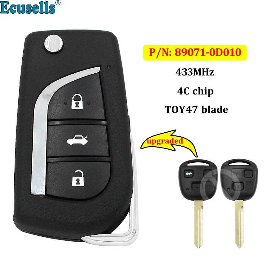 Upgraded 2/3 Buttons Remote Key Fob 433MHz 4C Chip for Toyota Yaris Avensis Corolla P/N: 89071-0D010 with Uncut TOY47 Blade