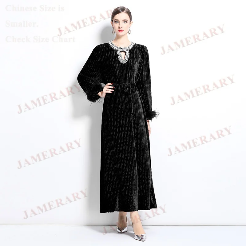 Sukienki jesienne z aksamitu dla kobiet, odzież zimowa, zdobione piórami strusimi, ażurowe, z koralikami, diamentami, z długim rękawem, plisowane, luźne, długie sukienki.