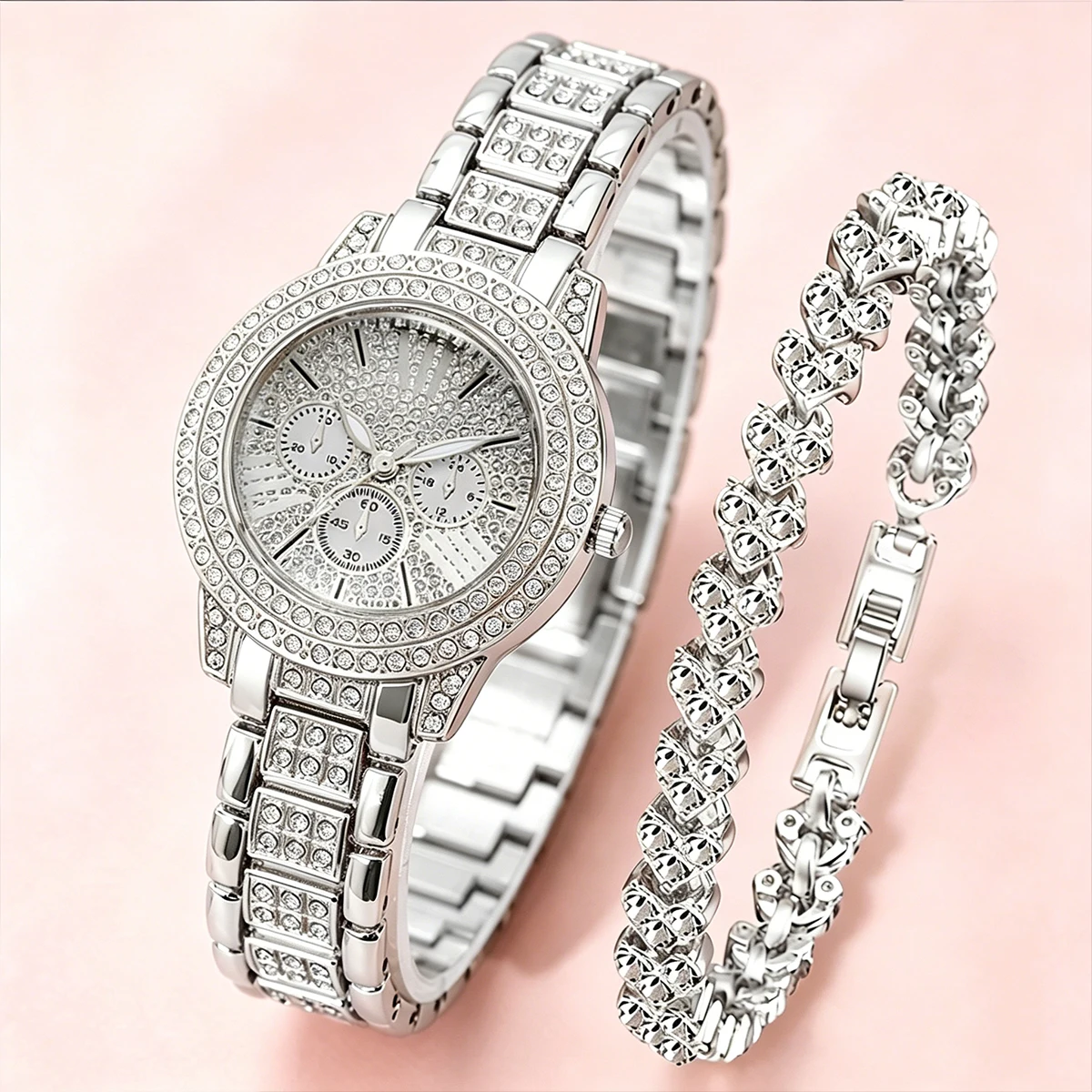 2PCS Luxury Full Diamond Women Watch Heart Bracelet Set Fashion Ladies Quartz Wristwatches Relogio Feminino Clock (Without Box)
