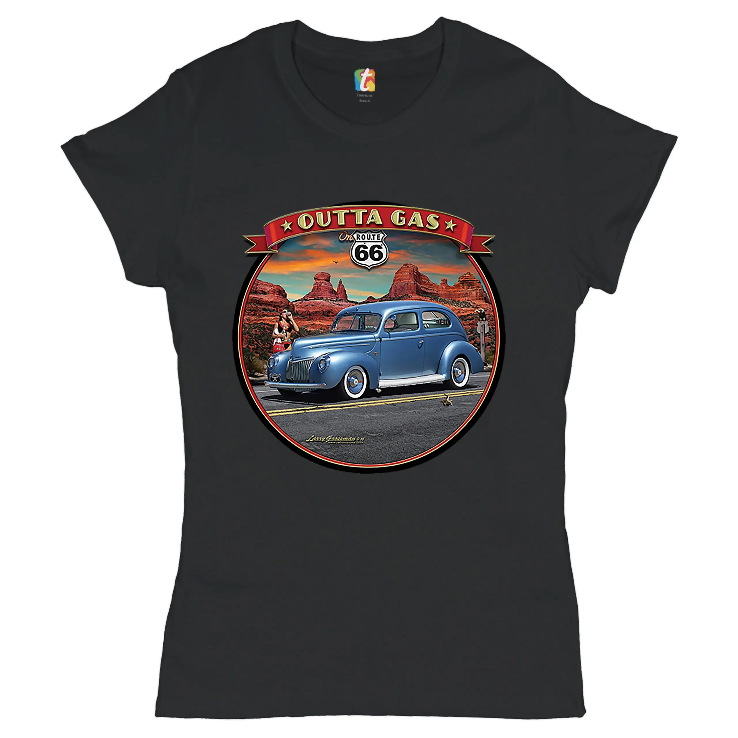 Outta Gas on Route 66 T Shirt The Mother Road Car Enthusiast for Mechanic Automotive Women's