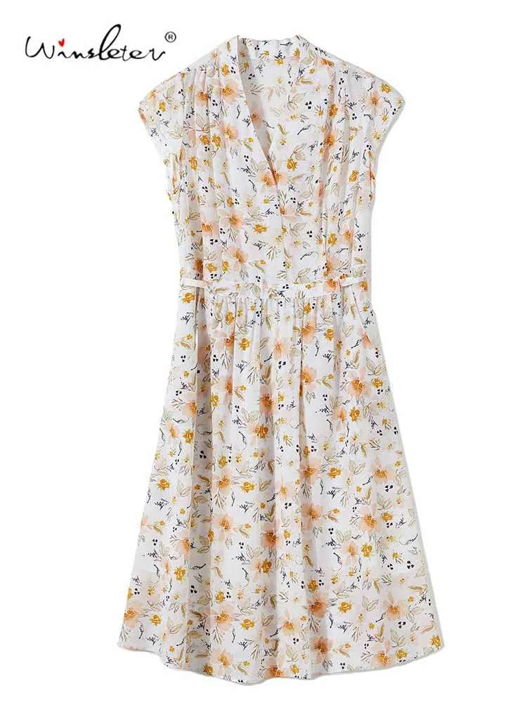 

Winsleter-Women 100%Real Silk Elegant Vest Dress, V Neck Sleeveless Print , French Prairie Chic Dresses, 2025 Summer D57608CC