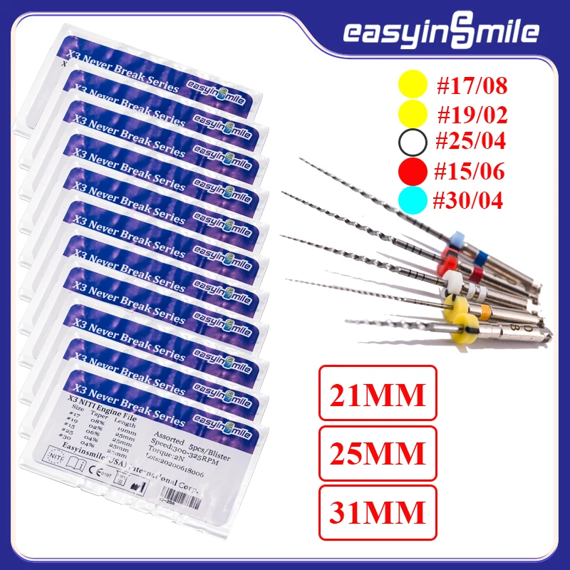 

10 шт. (50 шт.) Easyinsmile Dental X3 Endo роторные файлы эндодонтические файлы корневых каналов NITI для двигателя 21/25/31 мм Never Break Series