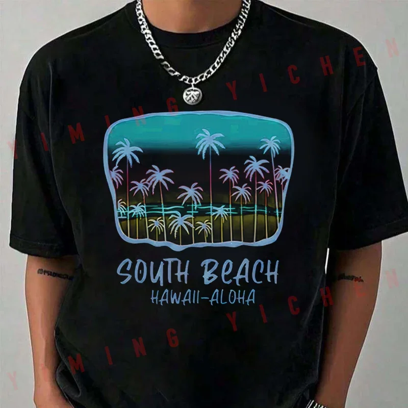 Hawaiian Beach- Coconut Tree & Sunset Print Motorcycle T-Shirt Men Unisex Casual Fashiona Short Sleeve O-neck Tops