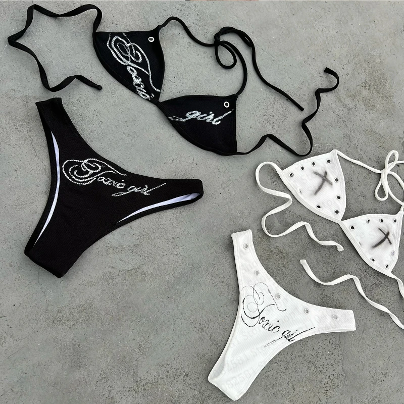 Set bikini sexy con stampa incrociata alla moda estiva, set costume da bagno da donna, abito da festa in spiaggia stile Y2k moda di nicchia casual estiva