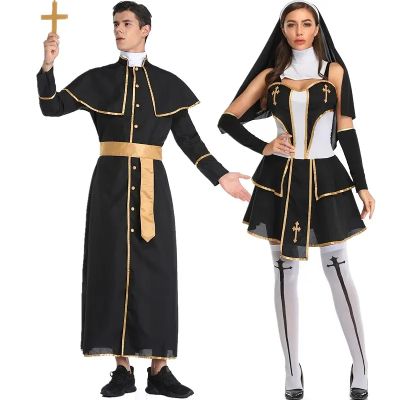 

Sexy Virgin Mary Nun Costumes Dress With Hood And Stockings Adult Women Men Halloween Party Cosplay Priest Robe Couple Costumes