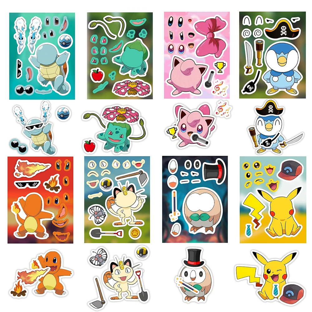 

8/16sheets Anime Pokemon Pikachu Charmander Puzzle Stickers Cute Cartoon Make a Face Children DIY Assemble Jigsaw Decal Toy Gift