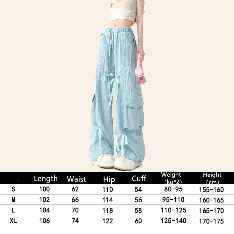 Ice Silk Quick Drying Work Pants For Women 2024 Summer Thin Design Bow Tie Strap Paratrooper Pants Straight Leg Casual Pants