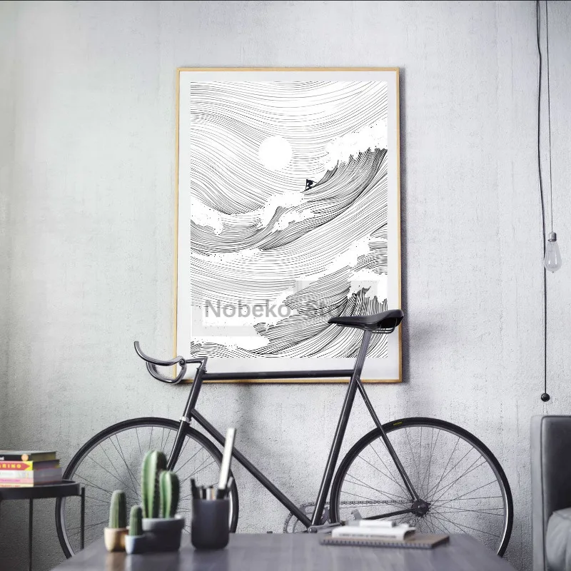 Black and White Waves Line Minimalism Surfing Poster Manta Ray Whale Orca Prints Canvas Wall Art Pictures Home Room Modern Decor