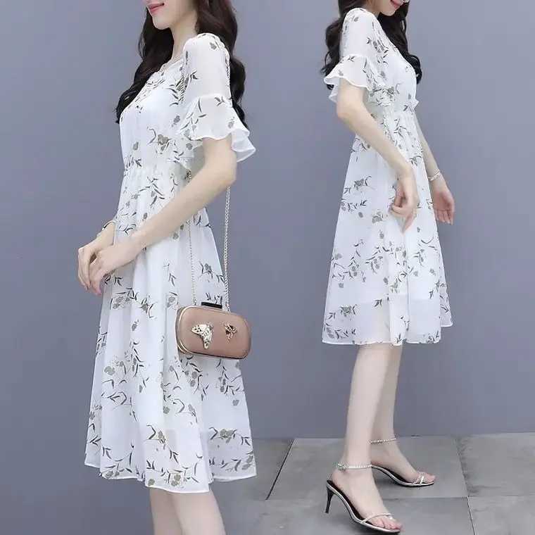 Chiffon Lining Dress Summer Floral Ladies Waist-hugging New Short-sleeved A-line Skirt ZT442