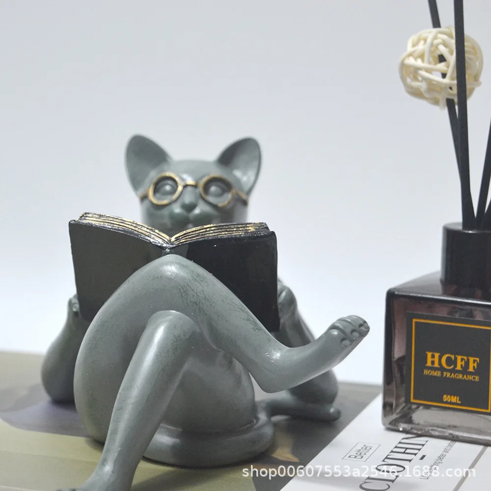 Reading Cat Statue- Resin Figurine with Book for Garden & Home Decor