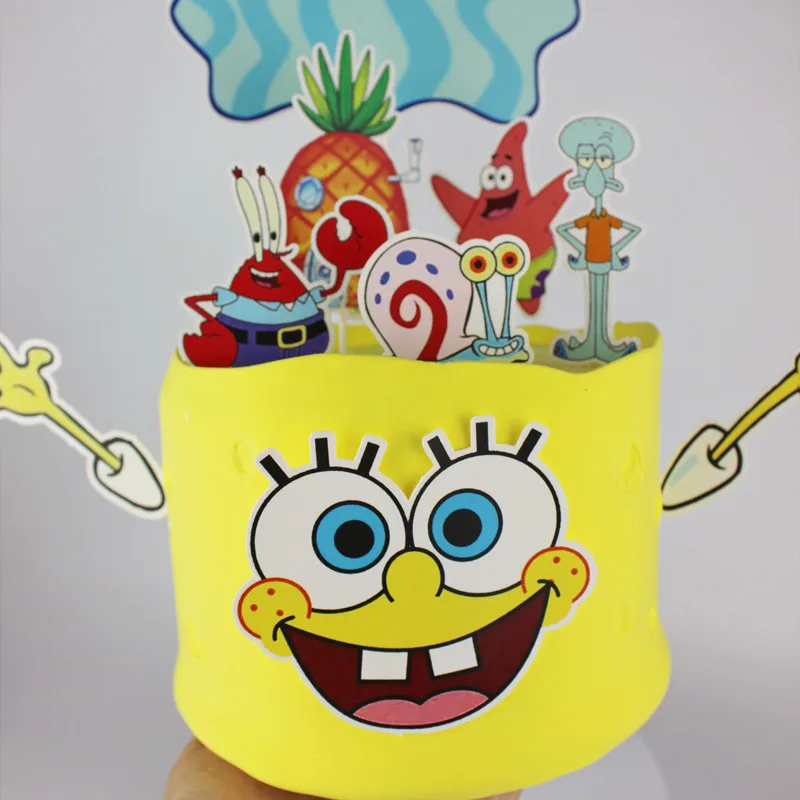 14pcs Sponge-Bob Cake Insert Topper Set Children\'s Happy Birthday Party Decoration Cute Cartoon Patrick Stars Baby Shower Supply