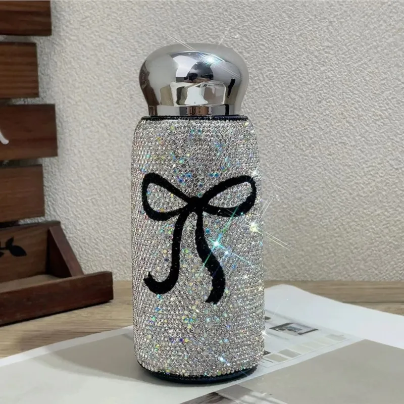 Rhinestone Bow Design Vaccum Portable Insulated Cup DIY Handcraft Shiny Mosaic Bling-bling Creative Luxury Gift For Girl Wife