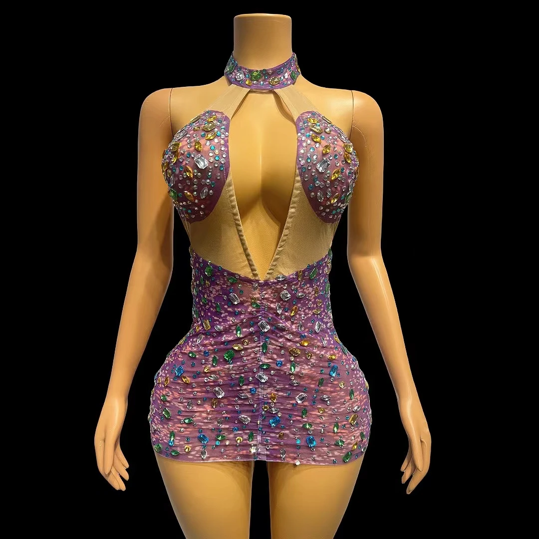Sparkly Rhinestone Spandex Mini Dress Sexy Women Couture Birthday Celebrate Party Backless Ultra Short Dress Prom Outfit Caihua