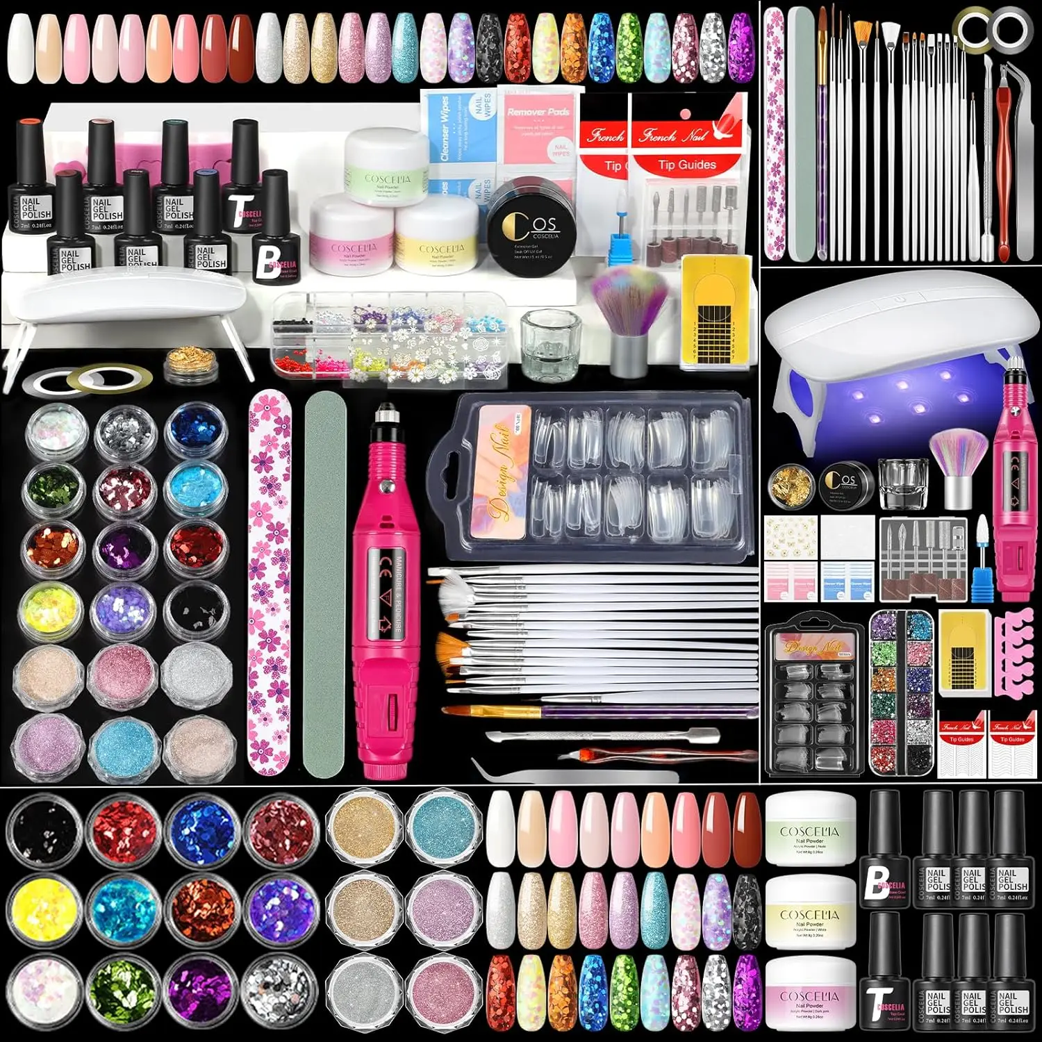Kit Completo de Uñas Acrílicas para Principiantes con 6 Polvos, 18 Esmaltes de Gel, Purpurina, Taladro y Lámpara - Regalo Perfecto