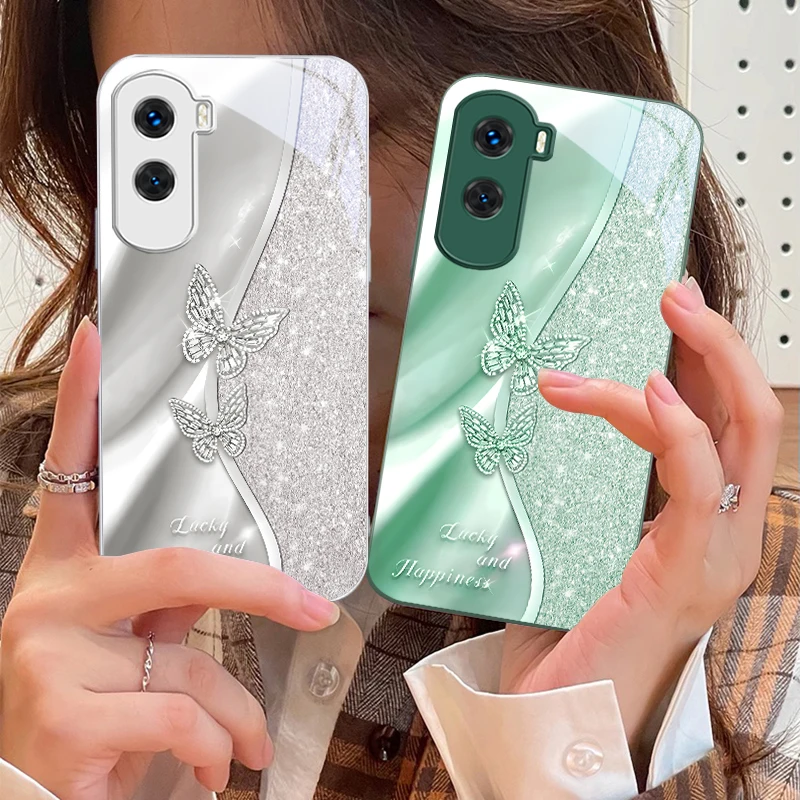 Golden Butterfly For Honor 200 90 8X 9X Pro Lite P50 P40 Nova 10 11i P60 Magic4 6 Mate 20 50 Tempered Glass Phone Case