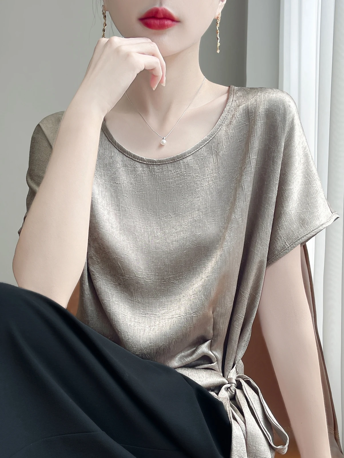 Slimming Satin Short Sleeve Women's Top Asymmetrical Pleated Commute Style Loose Fit Moisture Wicking Breathable round Neck