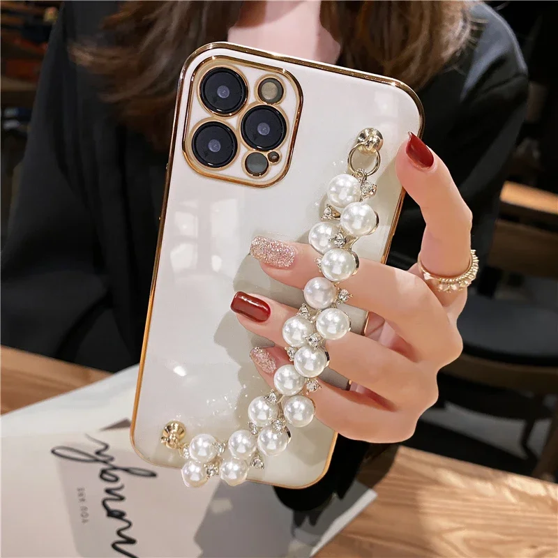 Plating Pearl Bracelet Chain Soft Case For iPhone 15 13 14 12 Pro Max 11 XS X XR 7 8 Plus Glitter Silicone Cover