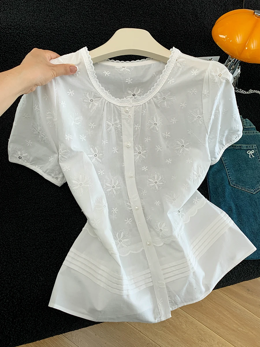 

Sweet Style Embroidered Lace Short Sleeve White Shirt Women's Summer Design Slimming Top Breathable Comfortable round Neck Bu...