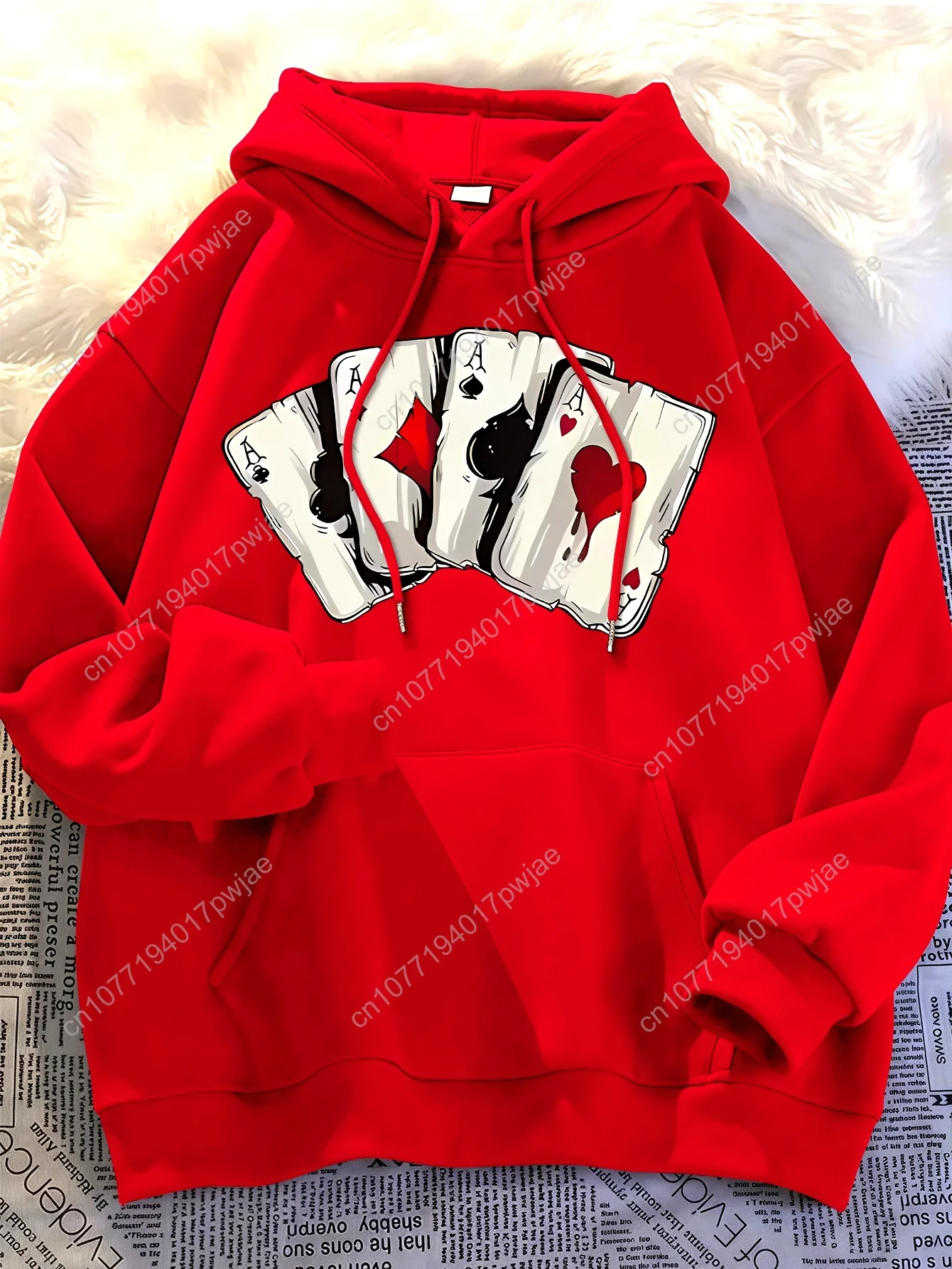 [Trendy Poker Hoodie] Men's Trendy Casual Hoodie - Black with Red White Poker Card Graphic - Winter Pullover Hoodie - Regular