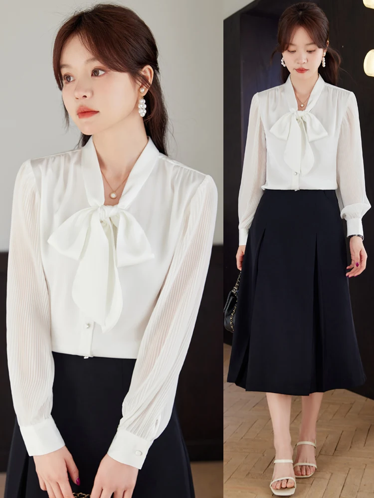 

White Shirt Women's Professional Suit Spring 2026 New Fashion Elegant Formal Occasion Sash V-neck Top Blouse Polyester Fiber