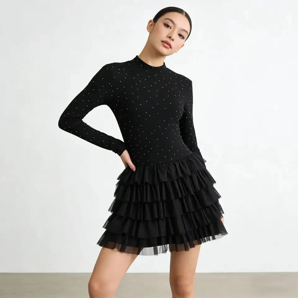 

2026 Spring New Temperament Elegant Casual Style Fitted Polka Dot Puffy Skirt Fashion Short Skirt Women Black
