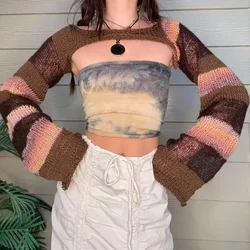 Y2k Knit Long Sleeve Shrug Women Crop Tops Cut Out Crochet Top See Through Sweater Vintage Streetwear Summer New Female Clothes