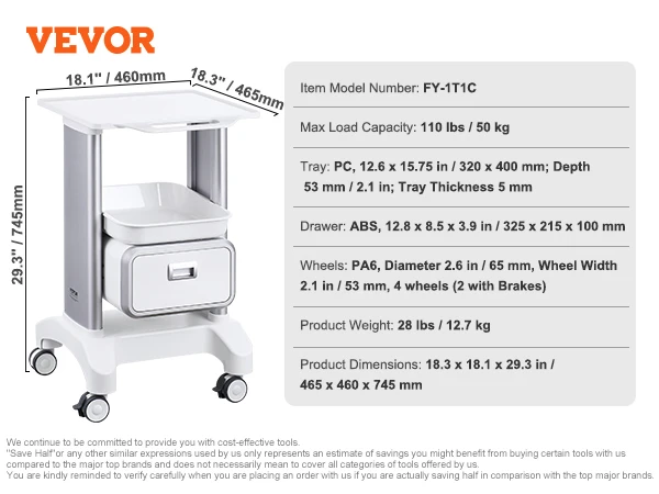 VEVOR 실험실, 모바일 의료, ABS 소재 롤 카트, 서랍 1 개, 상단 트레이 1 개, 실험실 클리닉, 병원 살롱용 사일런트 휠 4 개, 2 티어