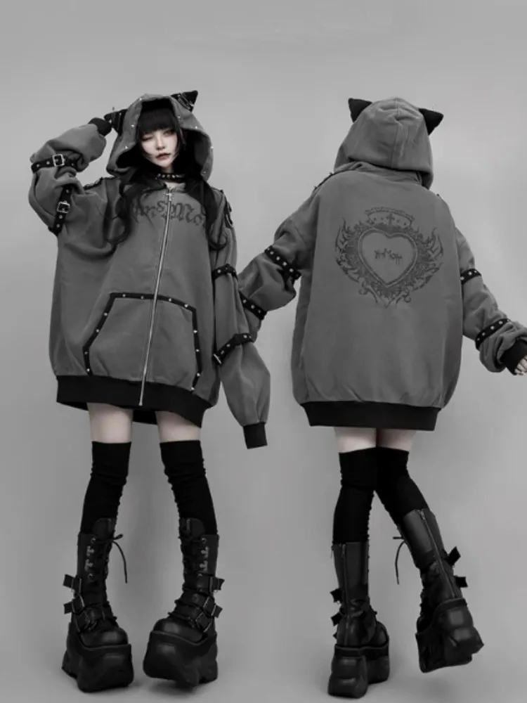 

Gothic Women Hoodies Y2K Subculture Punk Hoodie 2025 Autumn Winter Gothic Dark Style Cross Cat Ear Zip Up Sweatshirt Jacket