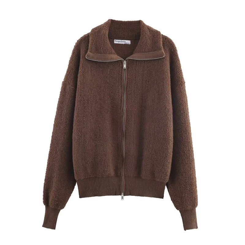

2025 NEW High-Quality Fashion Fuzzy Knit Collared Jacket for Warm & Stylish Looks Women's Over sized Brown Zip-Front Sweater