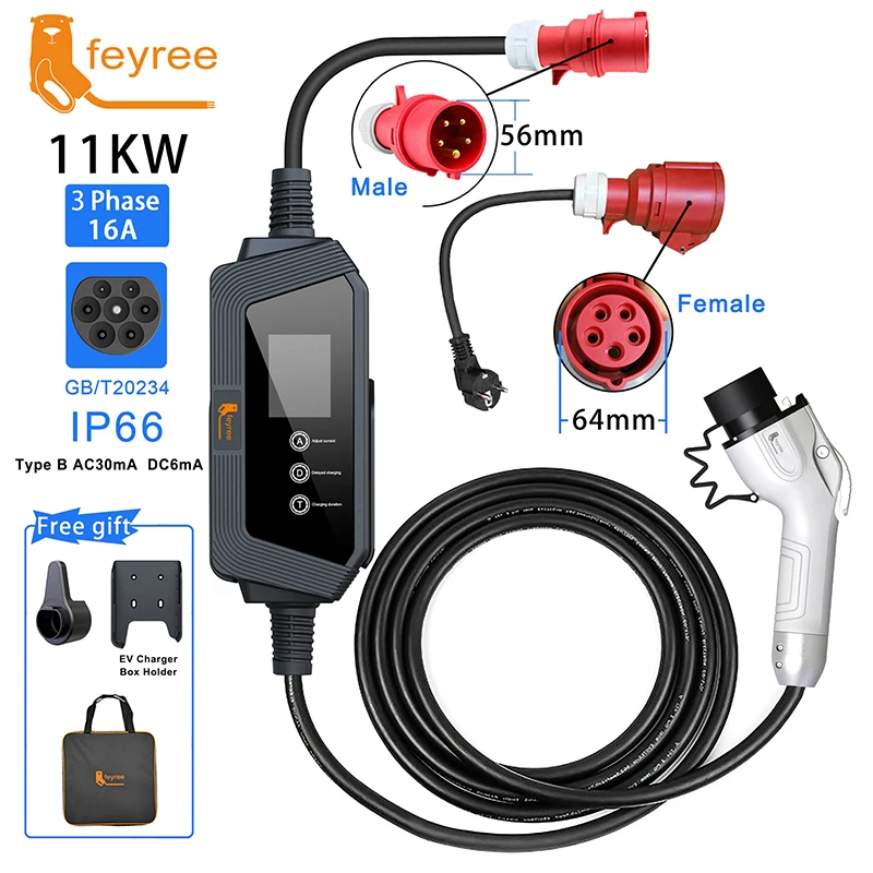 

feyree EV Portable Charger GBT Socket 11KW 16A 3Phase EVSE Charging Box Adjust Current Set Delay Charging time for Electric Car