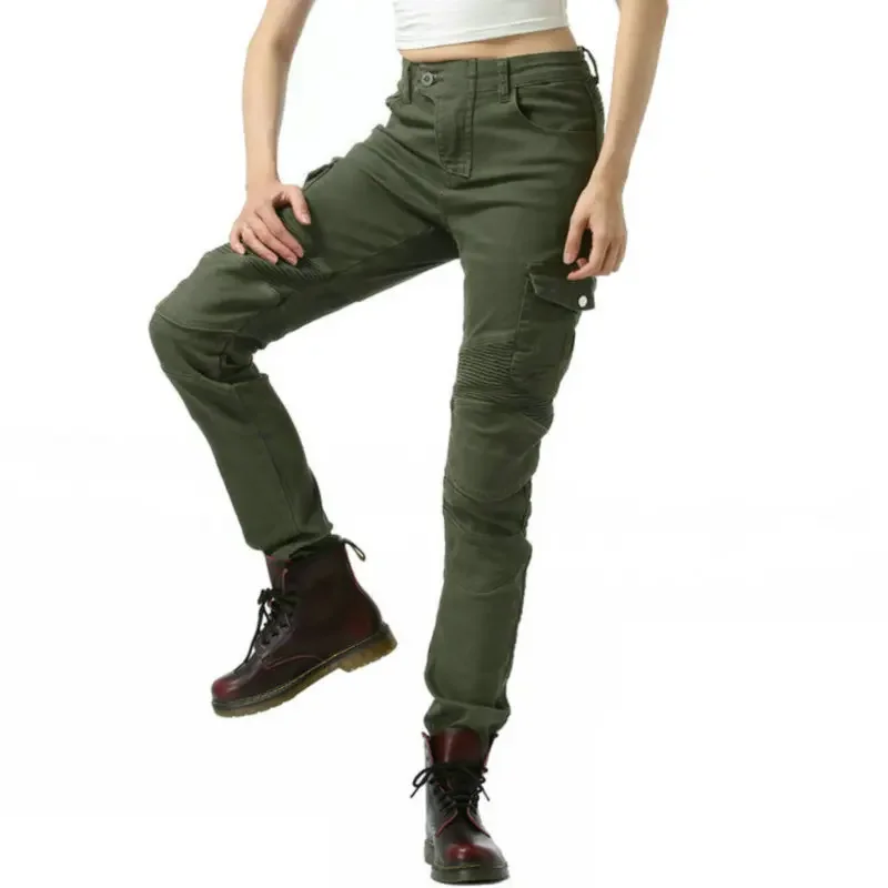 

Army-Green Motorcycle Riding Protection Jeans Volero Six Pockets Female Motocross Casual Pants Locomotive Protective Trousers