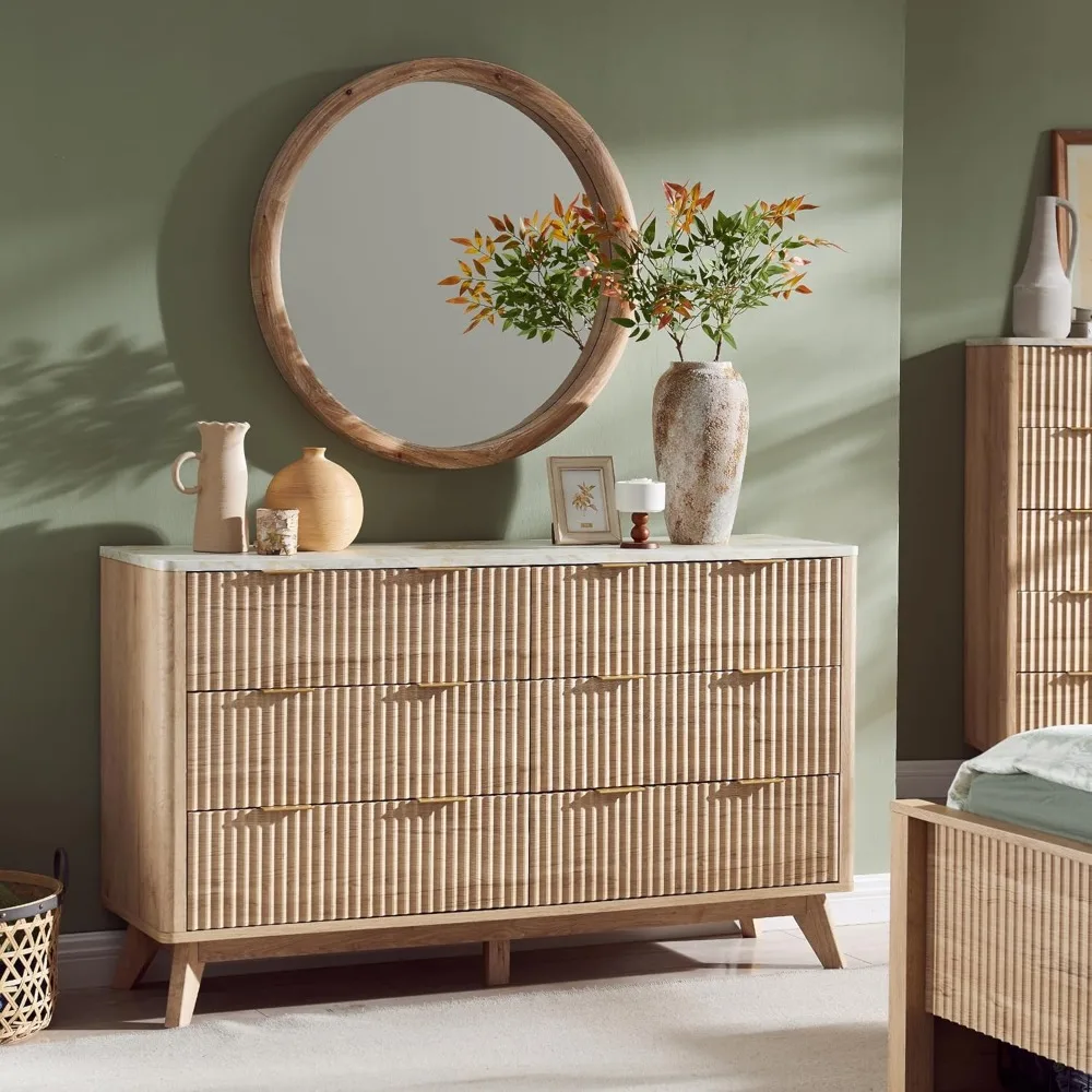 

Fluted 6 Drawers Dresser, 54" Wide Modern Chest of Drawers with Faux Marble Top, Curved Profile Design