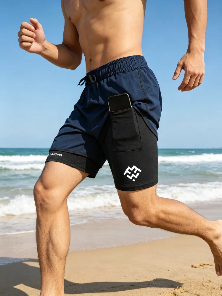 Men's Quick-Drying Four-Way Elastic Sports Running Pants Casual Beach Fitness Two-Piece Shorts Set Fake Suit for Active Wear